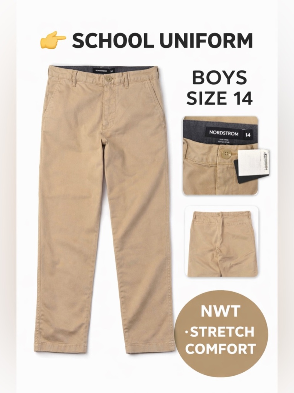 Nordstrom Kids Khaki Pants Size 14 Boys Stretch Cotton Tan Chinos NWT